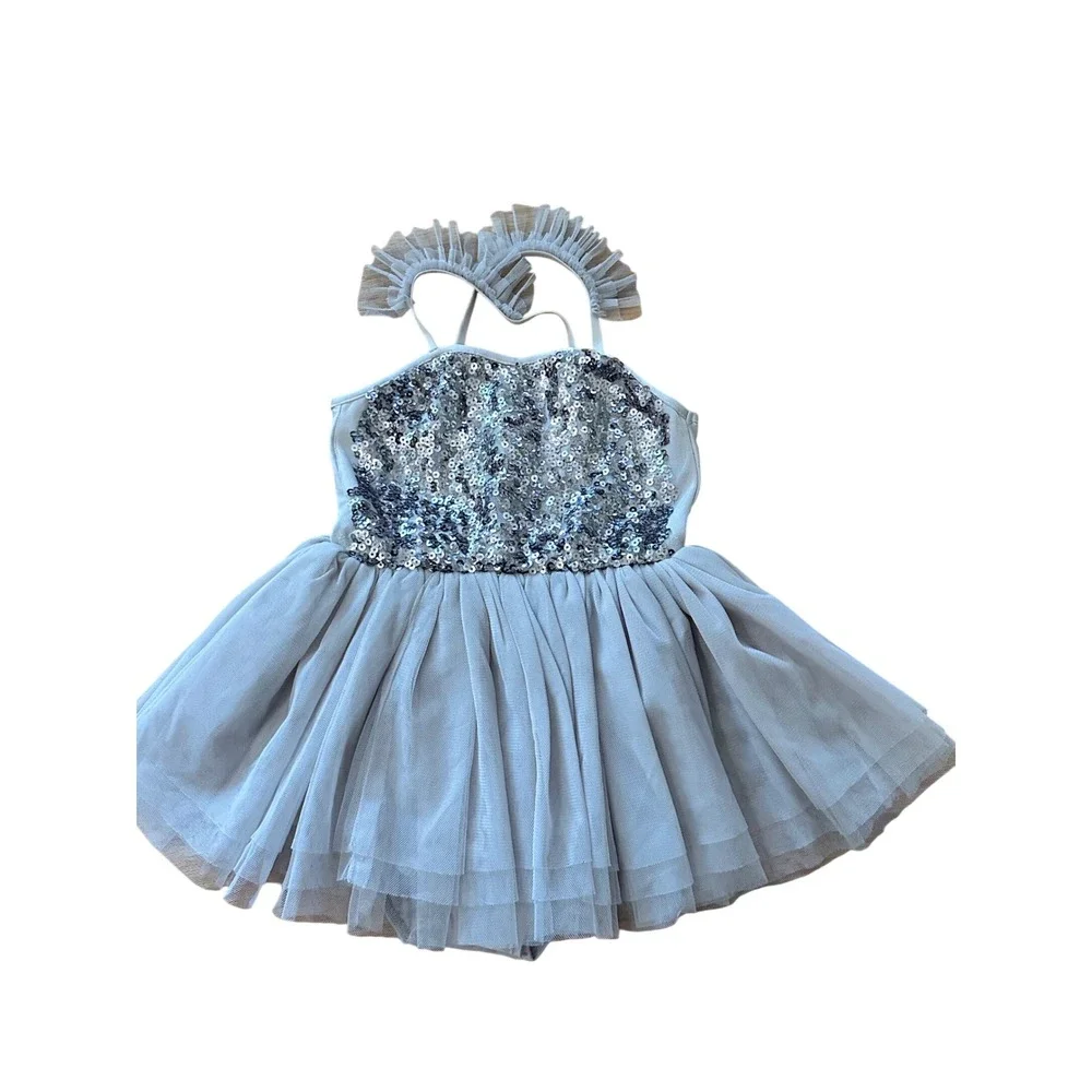 Noralee Girls Grey Sequin Tutu Romper Ruffle Strap Special Occasion Size 4